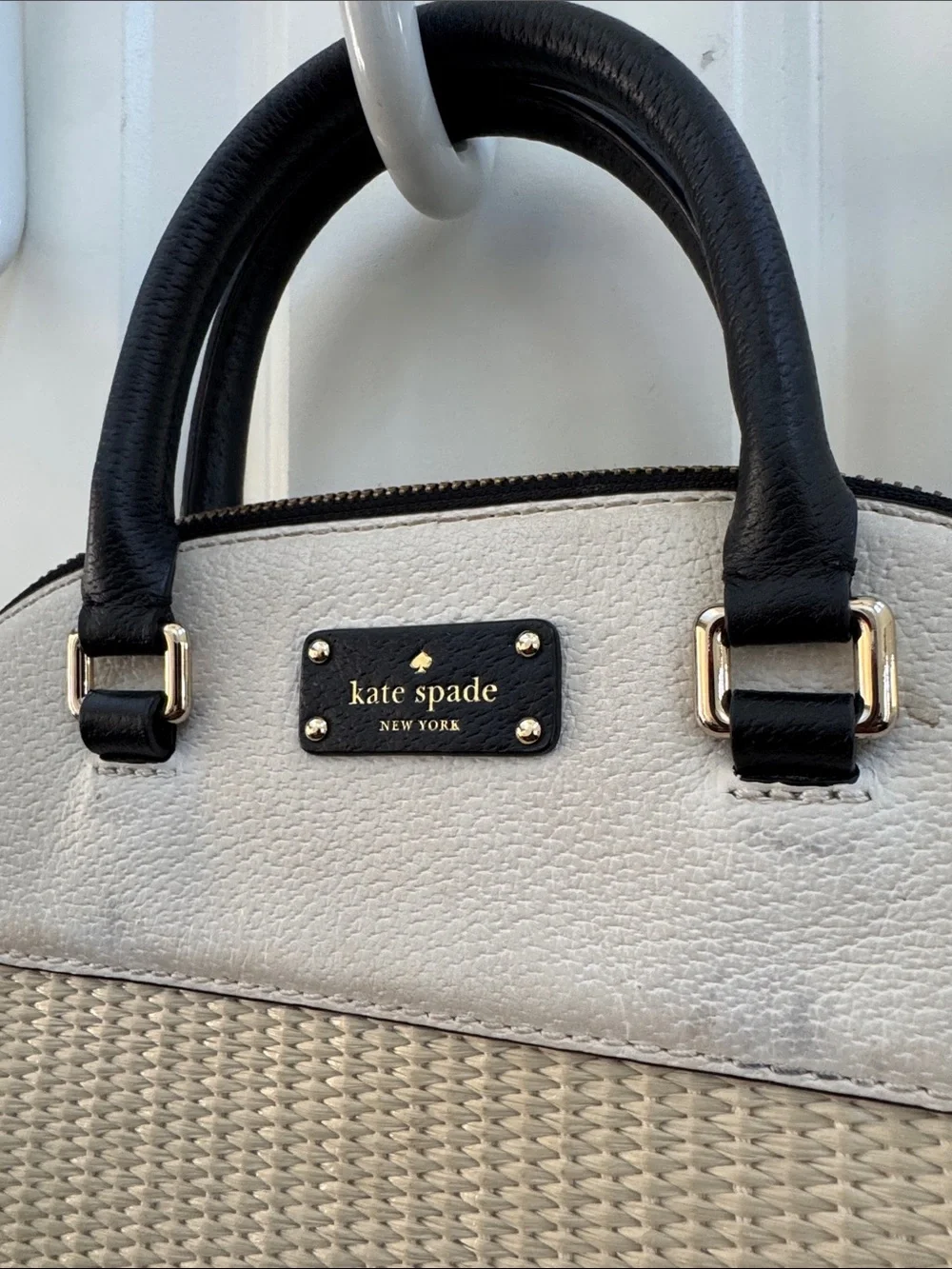 kate spade Cream and Black Textured Satchel with Crossbody Strap - Picture 3 of 10